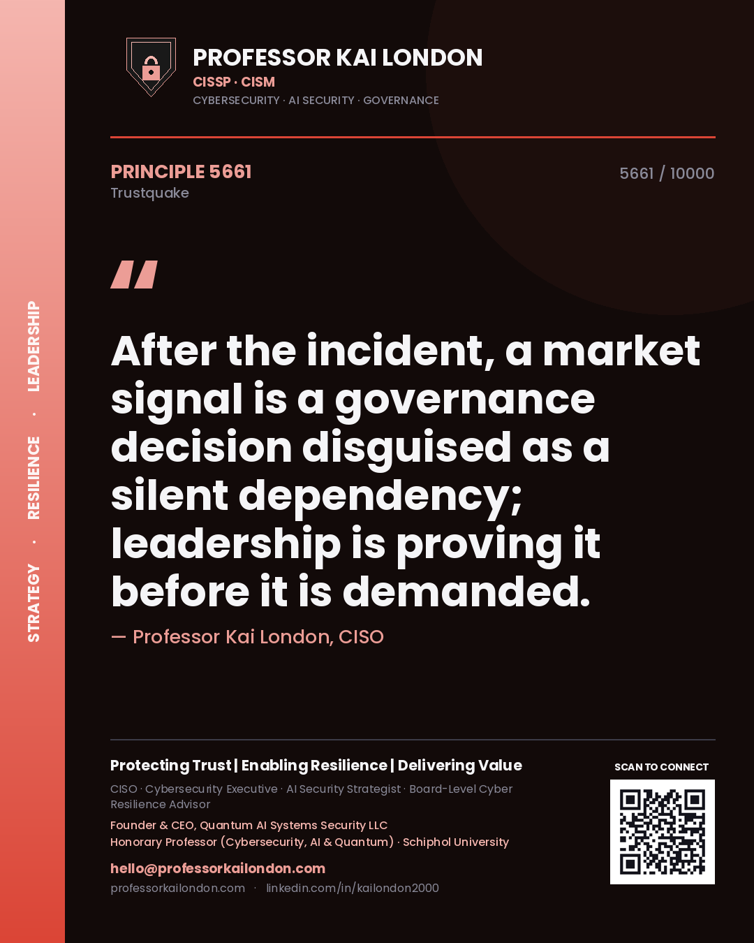 Quote card by Professor Kai London reading 'After the incident, a market signal is a governance decision disguised as a silent dependency; leadership is proving it before it is demanded.'. From the book Trustquake.