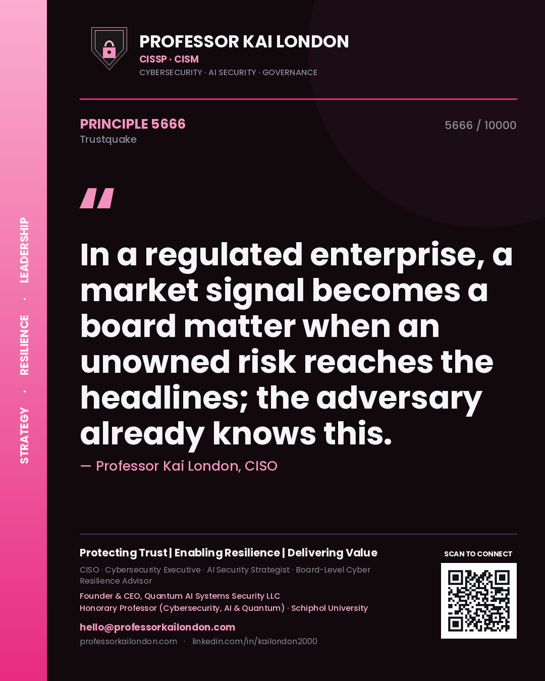 Quote card by Professor Kai London reading 'In a regulated enterprise, a market signal becomes a board matter when an unowned risk reaches the headlines; the adversary already knows this.'. From the book Trustquake.