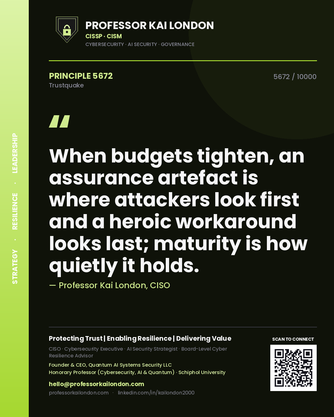 Professor Kai London principle 5672: When budgets tighten, an assurance artefact is where attackers look first and a heroic workaround looks last; maturity is how quietly it holds.