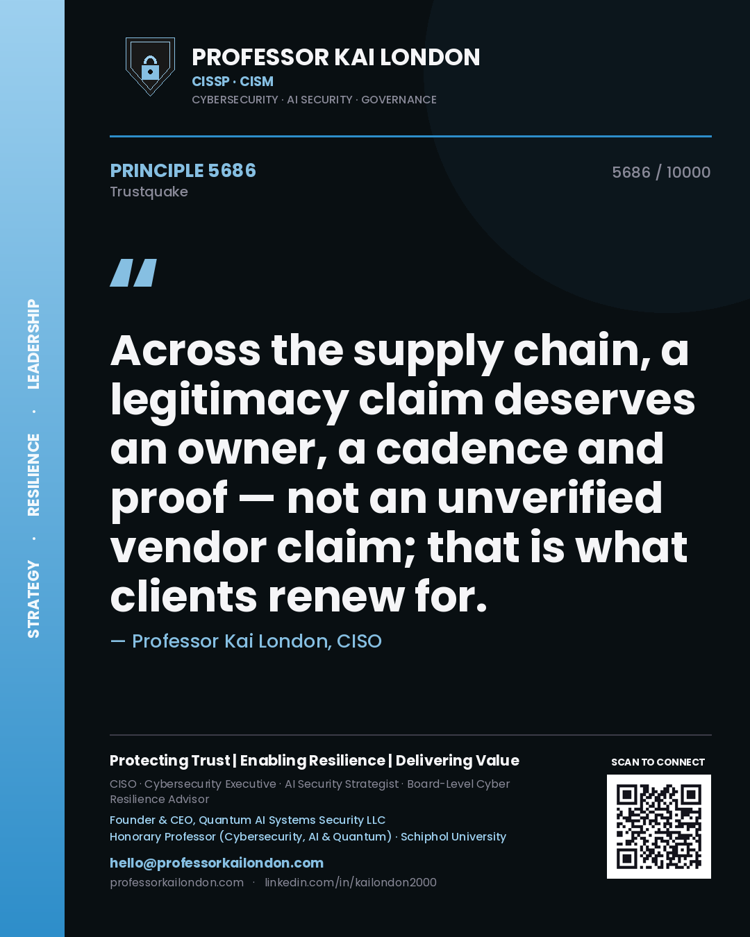 Quote card by Professor Kai London reading 'Across the supply chain, a legitimacy claim deserves an owner, a cadence and proof — not an unverified vendor claim; that is what clients renew for.'. From the book Trustquake.