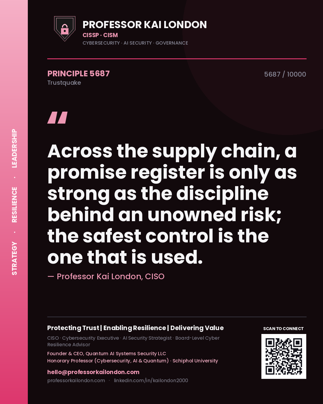 Quote card by Professor Kai London reading 'Across the supply chain, a promise register is only as strong as the discipline behind an unowned risk; the safest control is the one that is used.'. From the book Trustquake.