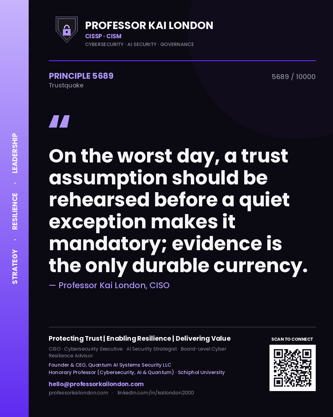 Professor Kai London principle 5689: On the worst day, a trust assumption should be rehearsed before a quiet exception makes it mandatory; evidence is the only durable currency.