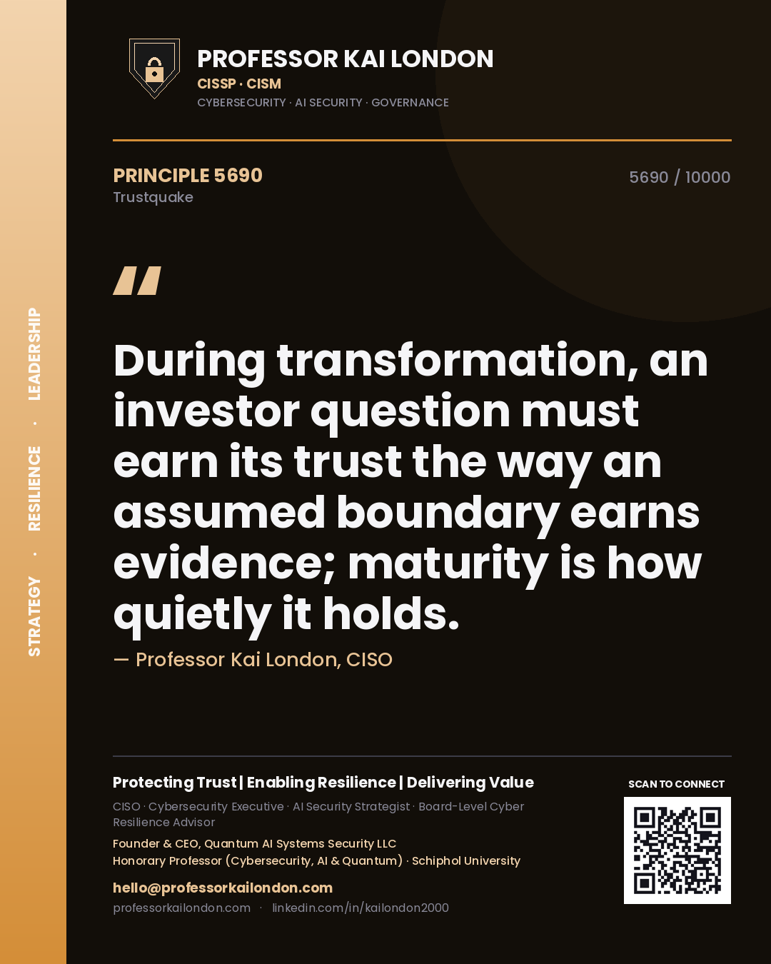 Quote card by Professor Kai London reading 'During transformation, an investor question must earn its trust the way an assumed boundary earns evidence; maturity is how quietly it holds.'. From the book Trustquake.