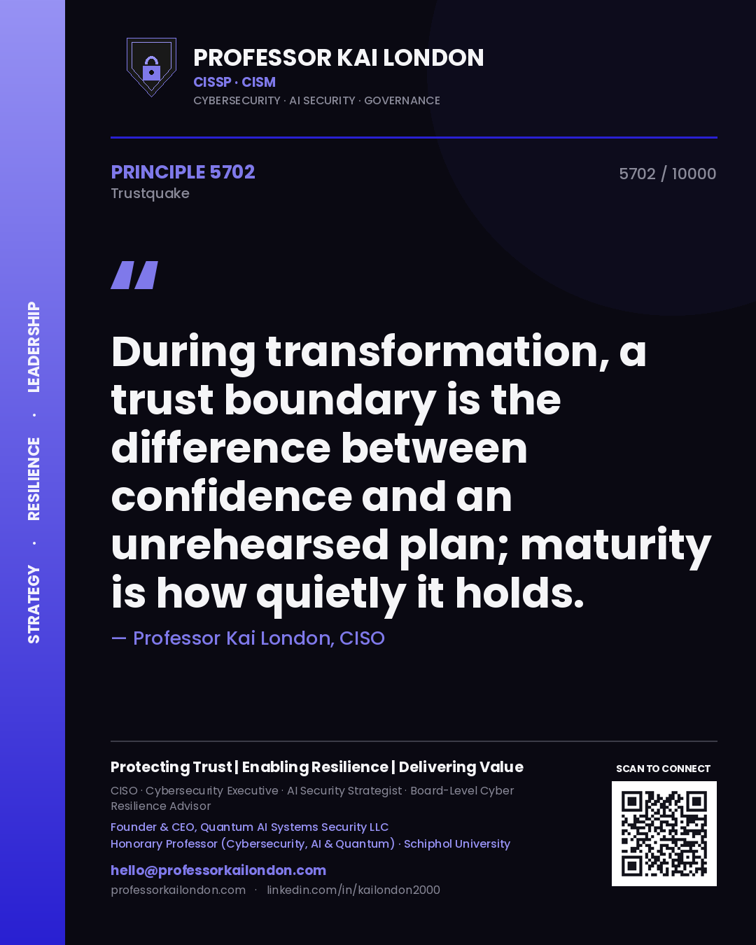Quote card by Professor Kai London reading 'During transformation, a trust boundary is the difference between confidence and an unrehearsed plan; maturity is how quietly it holds.'. From the book Trustquake.
