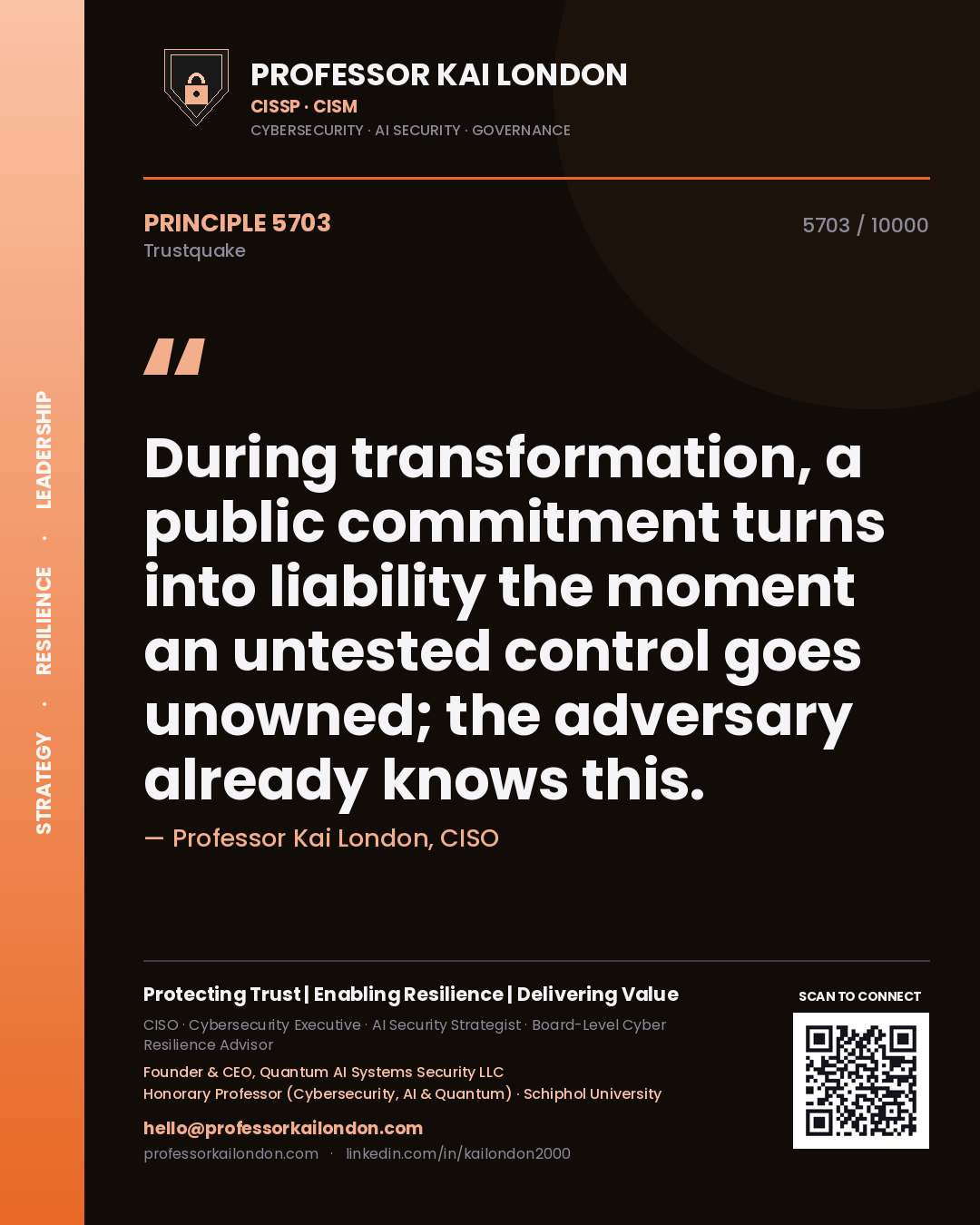 Professor Kai London principle 5703: During transformation, a public commitment turns into liability the moment an untested control goes unowned; the adversary already knows this.