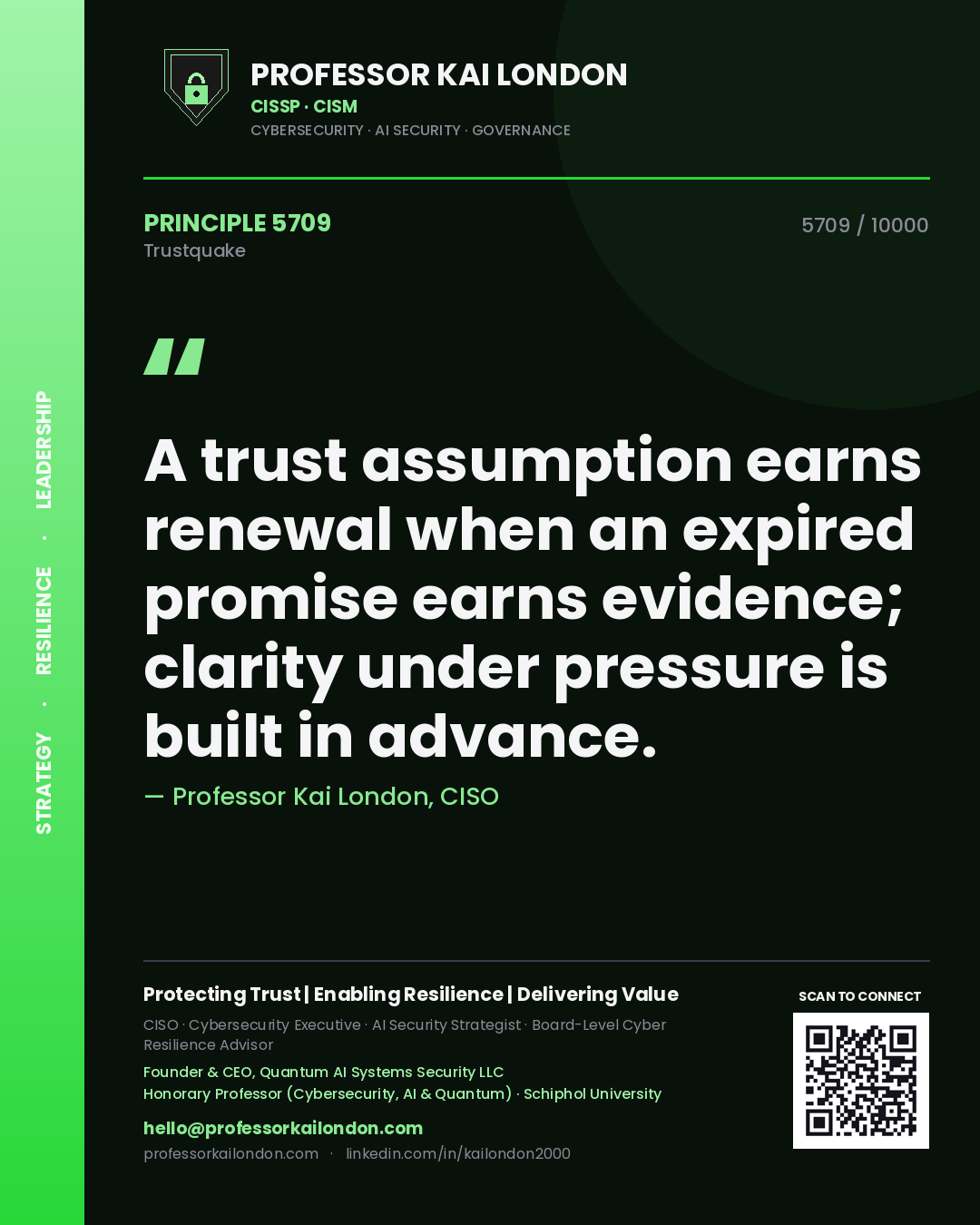 Quote card by Professor Kai London reading 'A trust assumption earns renewal when an expired promise earns evidence; clarity under pressure is built in advance.'. From the book Trustquake.