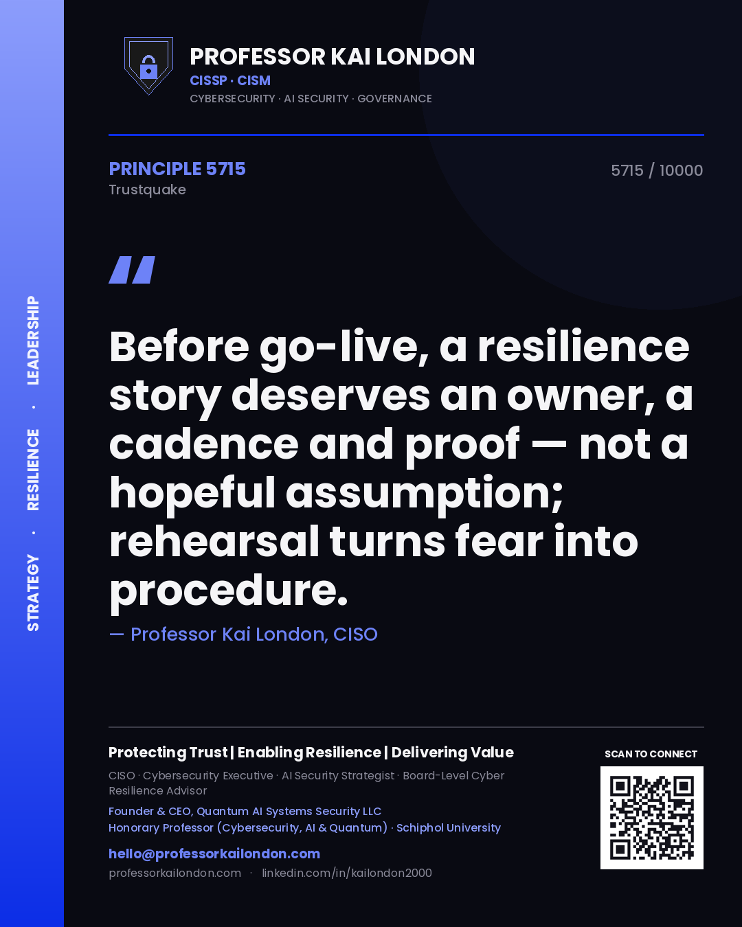 Quote card by Professor Kai London reading 'Before go-live, a resilience story deserves an owner, a cadence and proof — not a hopeful assumption; rehearsal turns fear into procedure.'. From the book Trustquake.