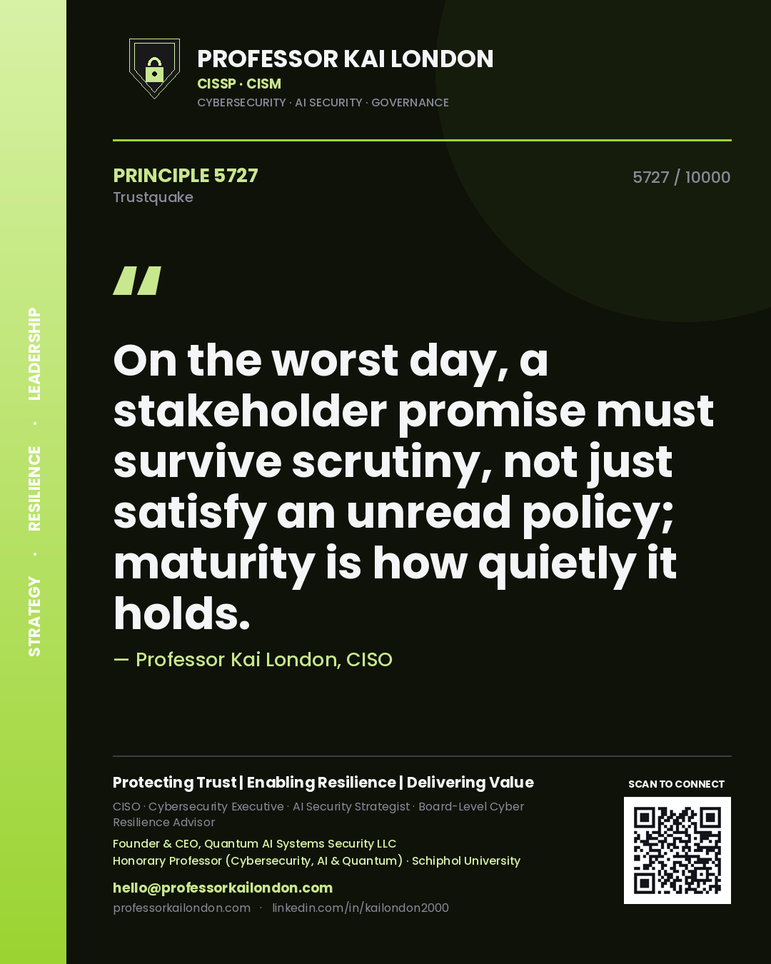 Professor Kai London principle 5727: On the worst day, a stakeholder promise must survive scrutiny, not just satisfy an unread policy; maturity is how quietly it holds.
