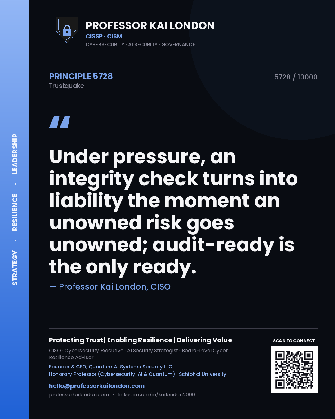Quote card by Professor Kai London reading 'Under pressure, an integrity check turns into liability the moment an unowned risk goes unowned; audit-ready is the only ready.'. From the book Trustquake.