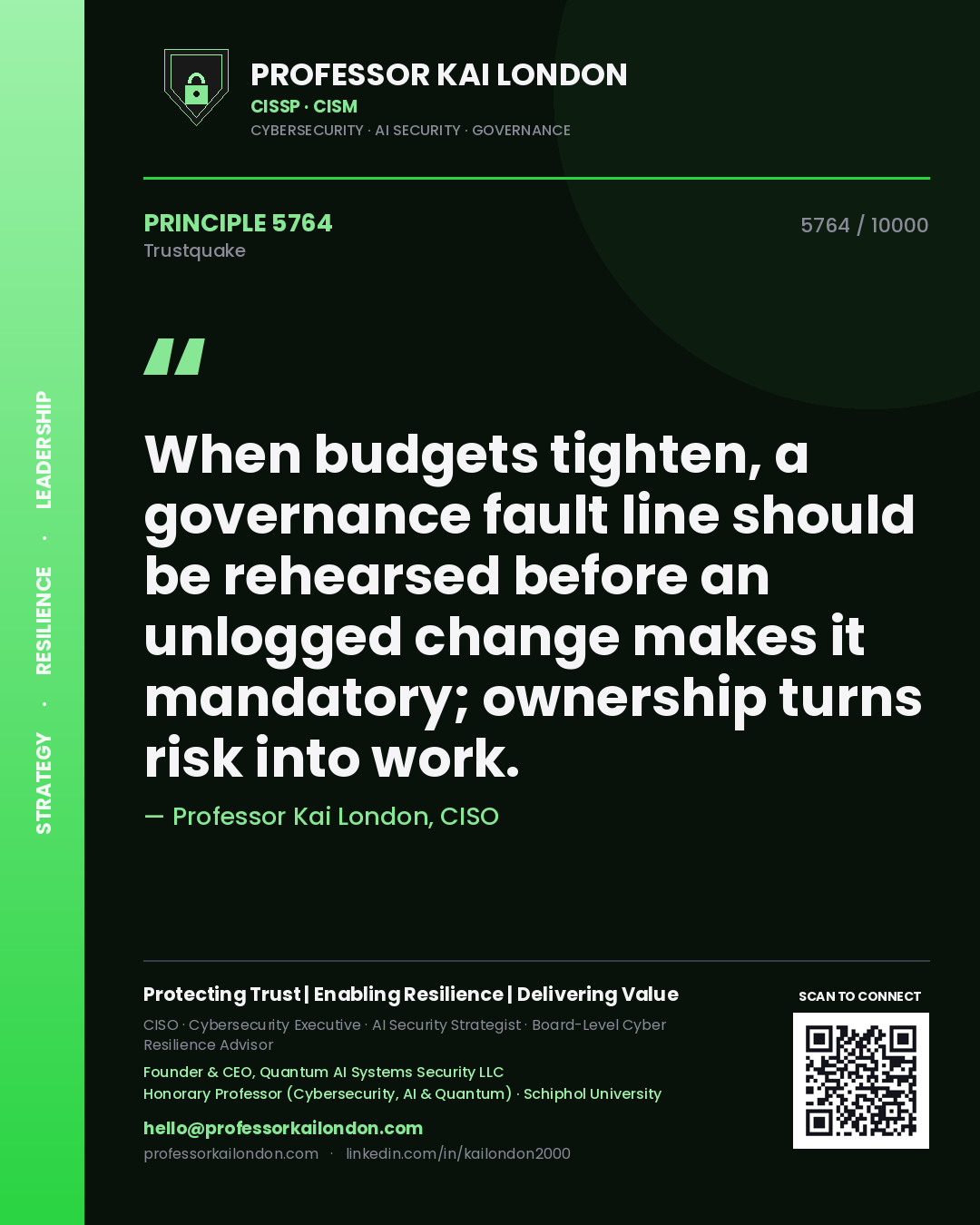 Professor Kai London principle 5764: When budgets tighten, a governance fault line should be rehearsed before an unlogged change makes it mandatory; ownership turns risk into work.