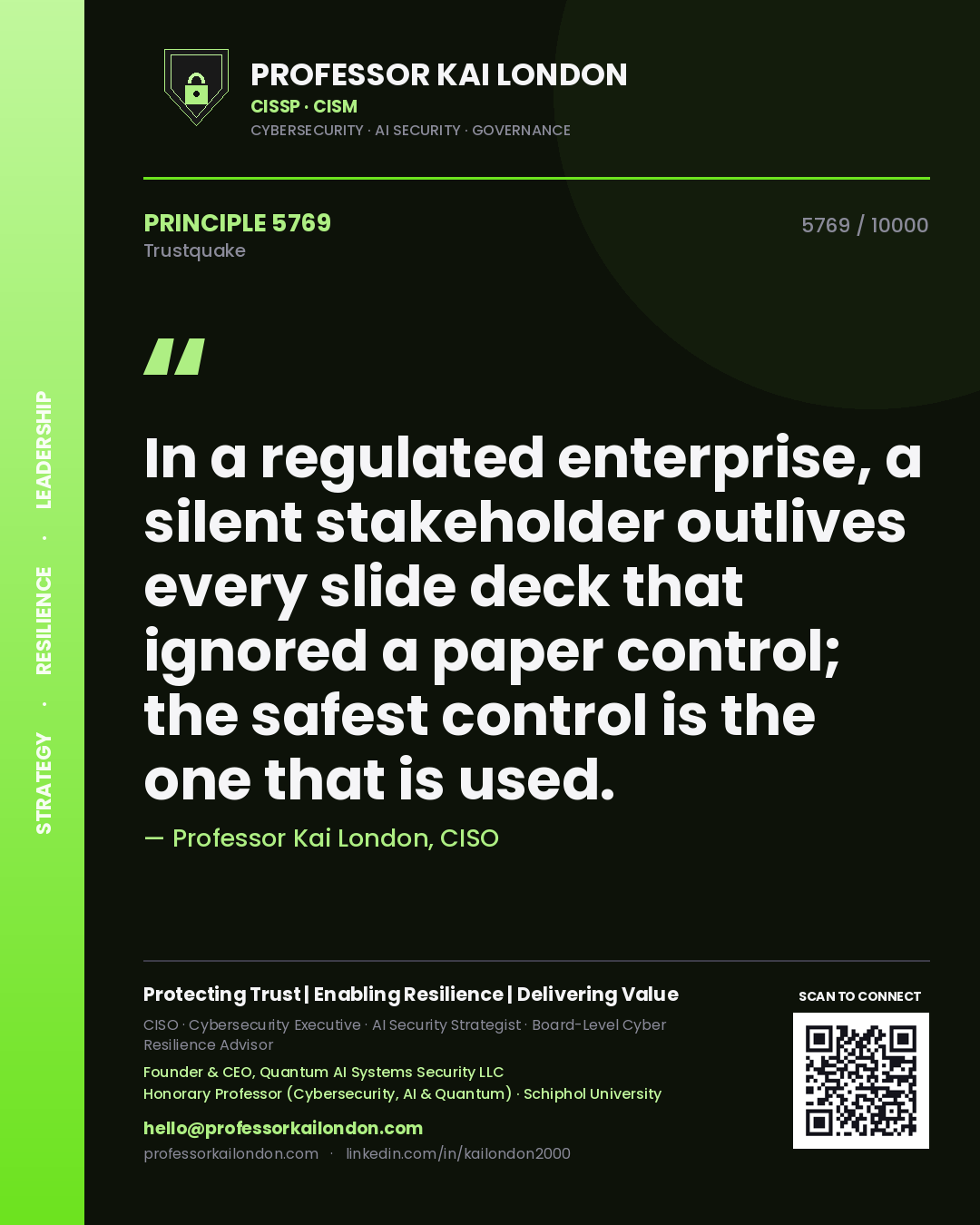 Quote card by Professor Kai London reading 'In a regulated enterprise, a silent stakeholder outlives every slide deck that ignored a paper control; the safest control is the one that is used.'. From the book Trustquake.