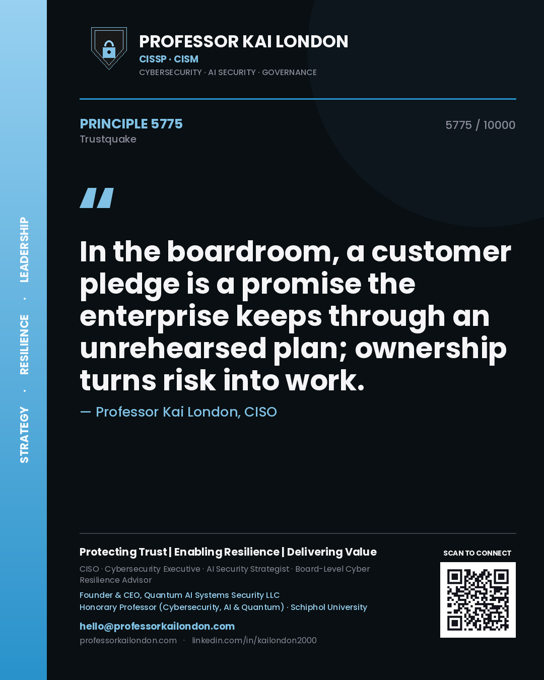Quote card by Professor Kai London reading 'In the boardroom, a customer pledge is a promise the enterprise keeps through an unrehearsed plan; ownership turns risk into work.'. From the book Trustquake.