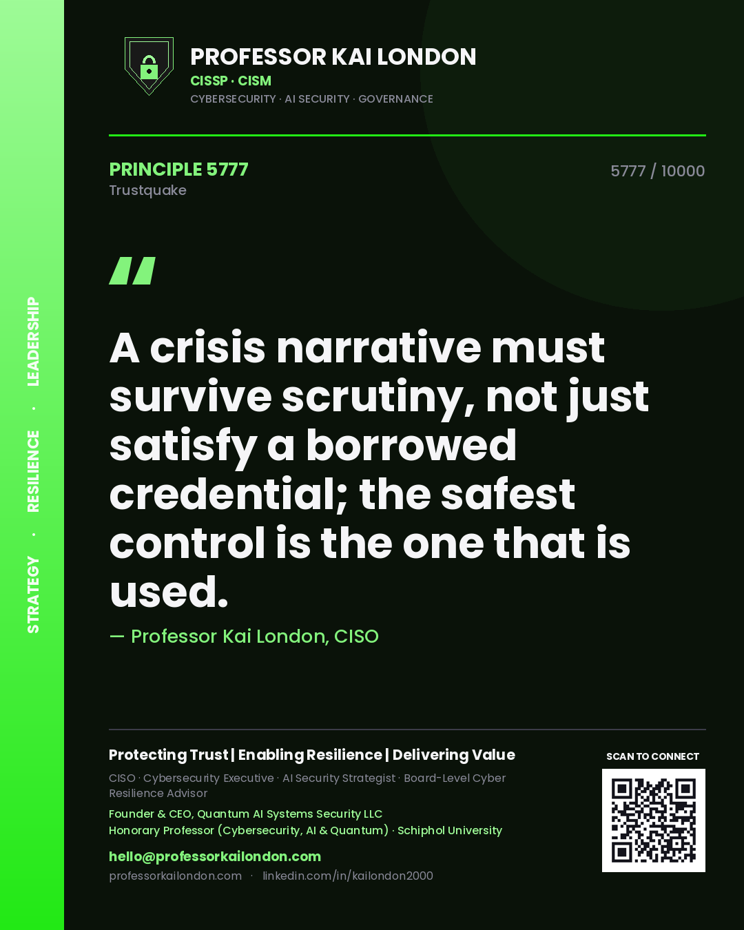 Professor Kai London principle 5777: A crisis narrative must survive scrutiny, not just satisfy a borrowed credential; the safest control is the one that is used.