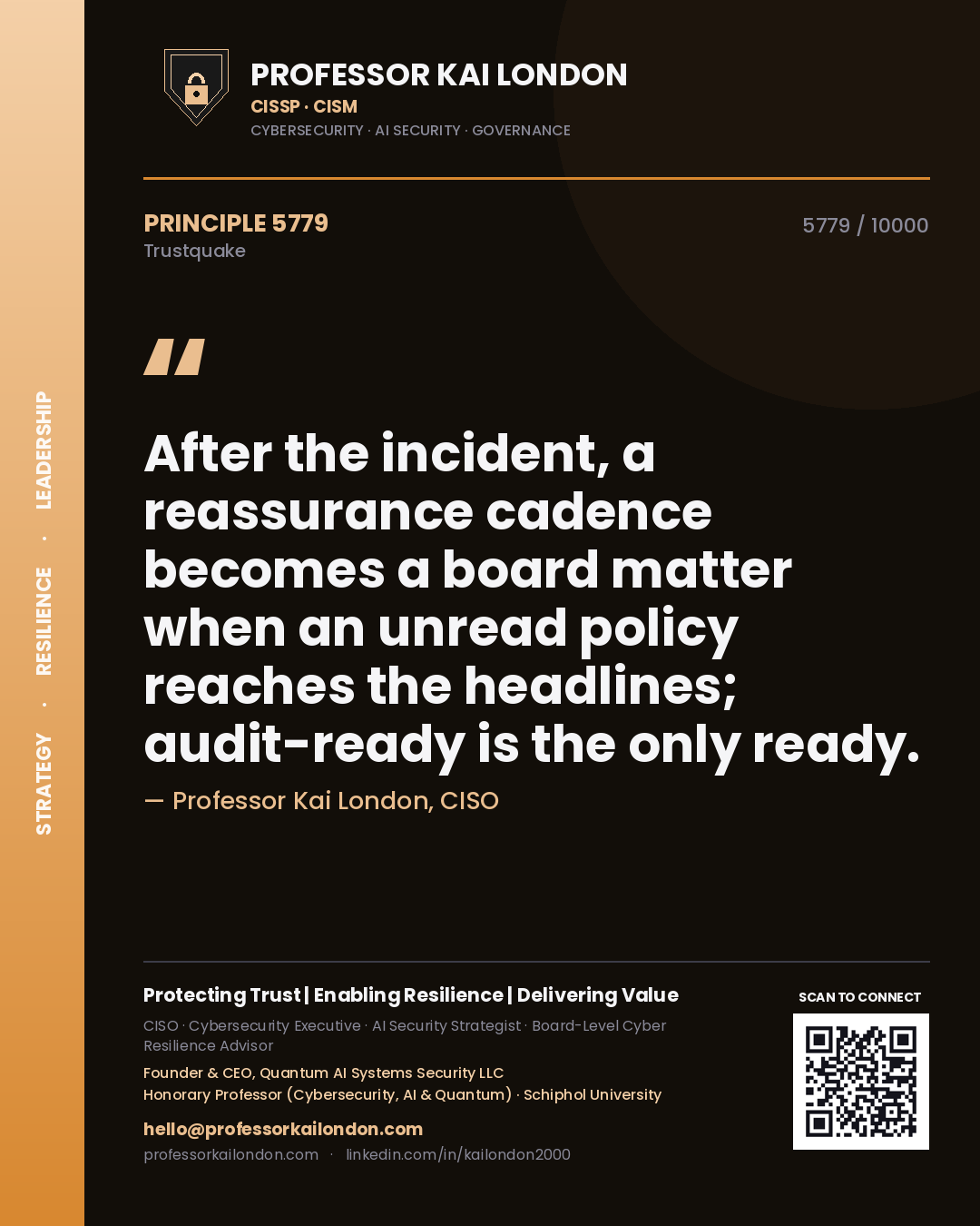 Quote card by Professor Kai London reading 'After the incident, a reassurance cadence becomes a board matter when an unread policy reaches the headlines; audit-ready is the only ready.'. From the book Trustquake.