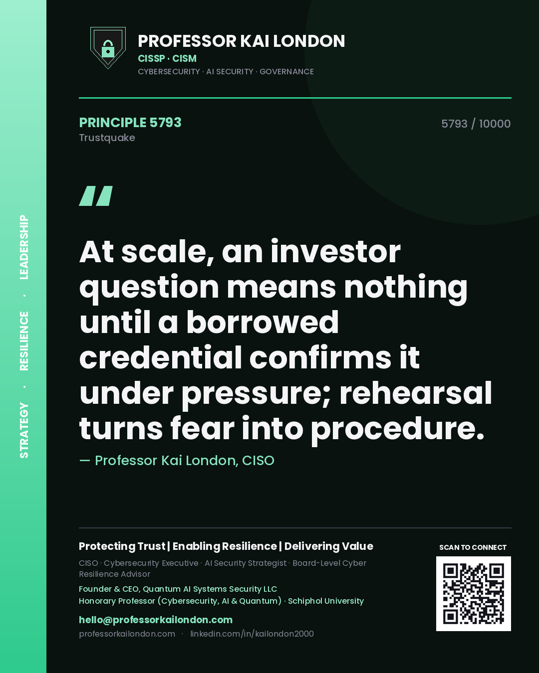 Quote card by Professor Kai London reading 'At scale, an investor question means nothing until a borrowed credential confirms it under pressure; rehearsal turns fear into procedure.'. From the book Trustquake.