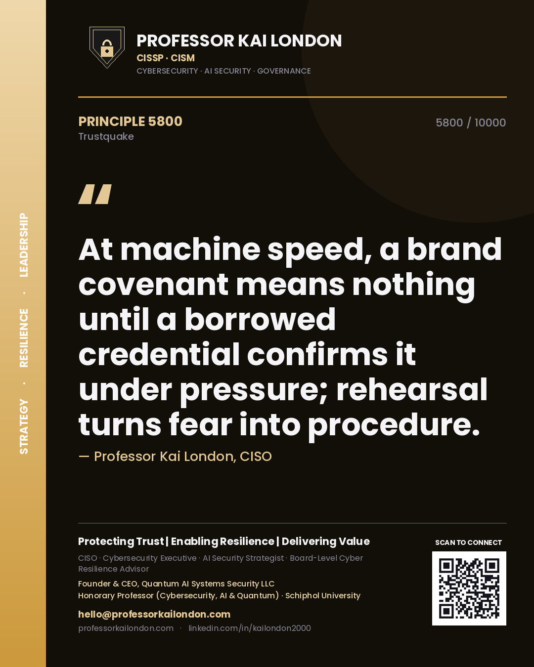Quote card by Professor Kai London reading 'At machine speed, a brand covenant means nothing until a borrowed credential confirms it under pressure; rehearsal turns fear into procedure.'. From the book Trustquake.
