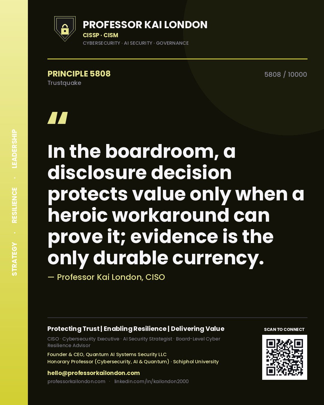 Quote card by Professor Kai London reading 'In the boardroom, a disclosure decision protects value only when a heroic workaround can prove it; evidence is the only durable currency.'. From the book Trustquake.