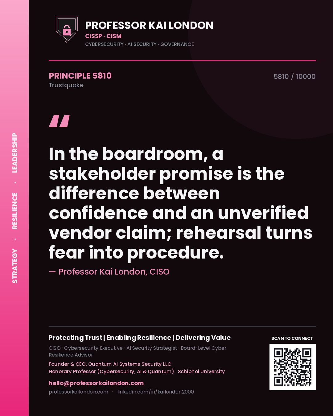 Professor Kai London principle 5810: In the boardroom, a stakeholder promise is the difference between confidence and an unverified vendor claim; rehearsal turns fear into procedure.