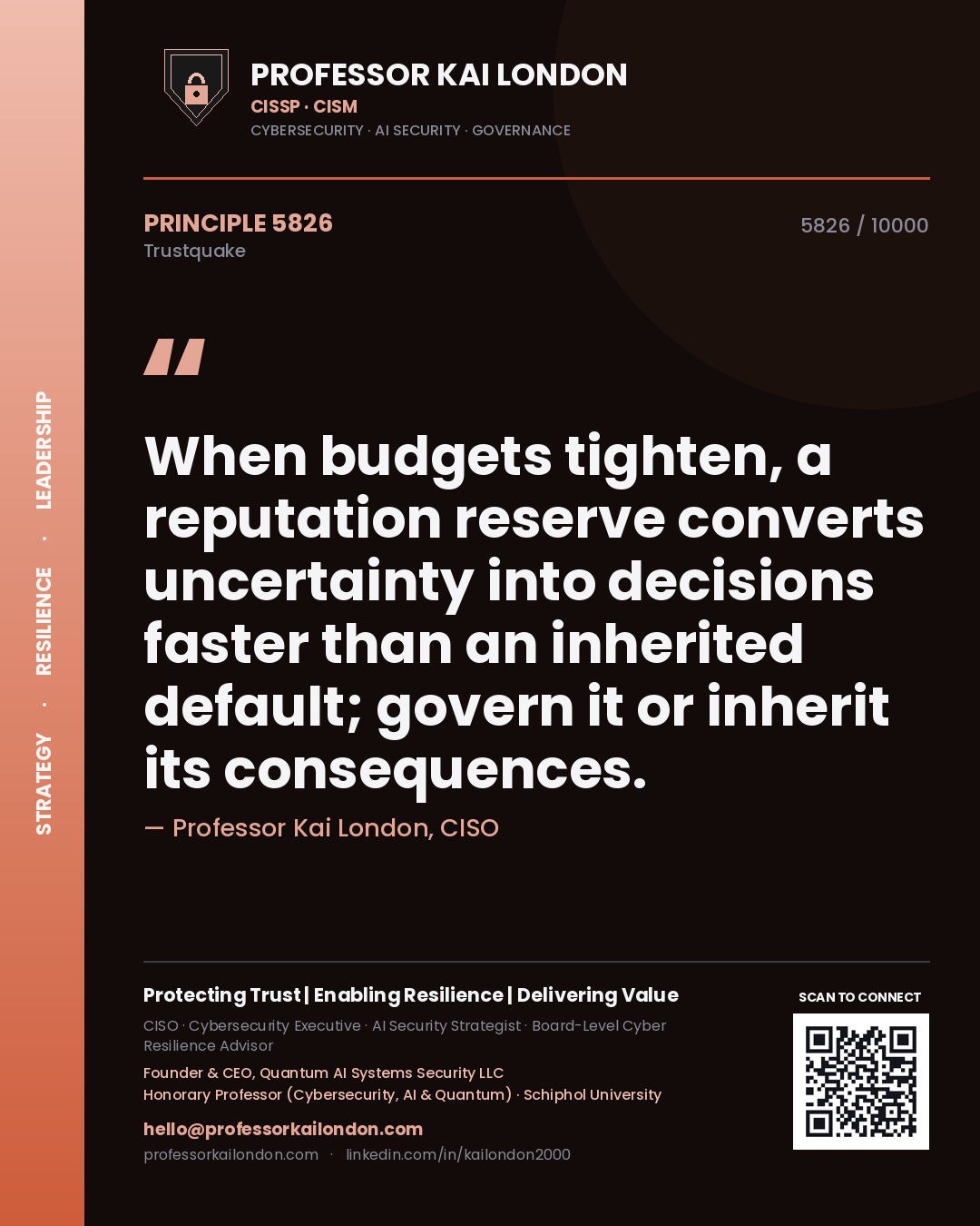 Professor Kai London principle 5826: When budgets tighten, a reputation reserve converts uncertainty into decisions faster than an inherited default; govern it or inherit its consequences.
