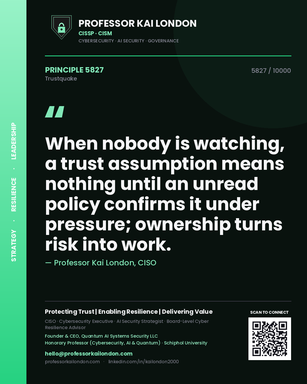 Professor Kai London principle 5827: When nobody is watching, a trust assumption means nothing until an unread policy confirms it under pressure; ownership turns risk into work.