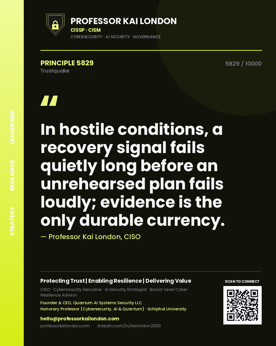 Quote card by Professor Kai London reading 'In hostile conditions, a recovery signal fails quietly long before an unrehearsed plan fails loudly; evidence is the only durable currency.'. From the book Trustquake.