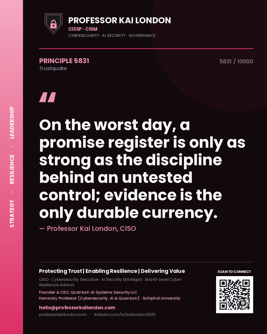 Professor Kai London principle 5831: On the worst day, a promise register is only as strong as the discipline behind an untested control; evidence is the only durable currency.