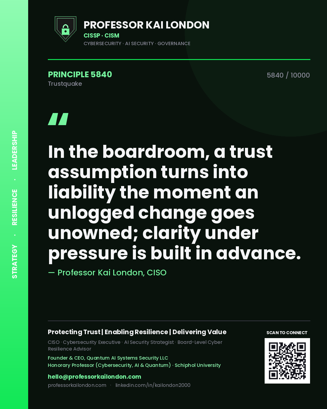 Professor Kai London principle 5840: In the boardroom, a trust assumption turns into liability the moment an unlogged change goes unowned; clarity under pressure is built in advance.
