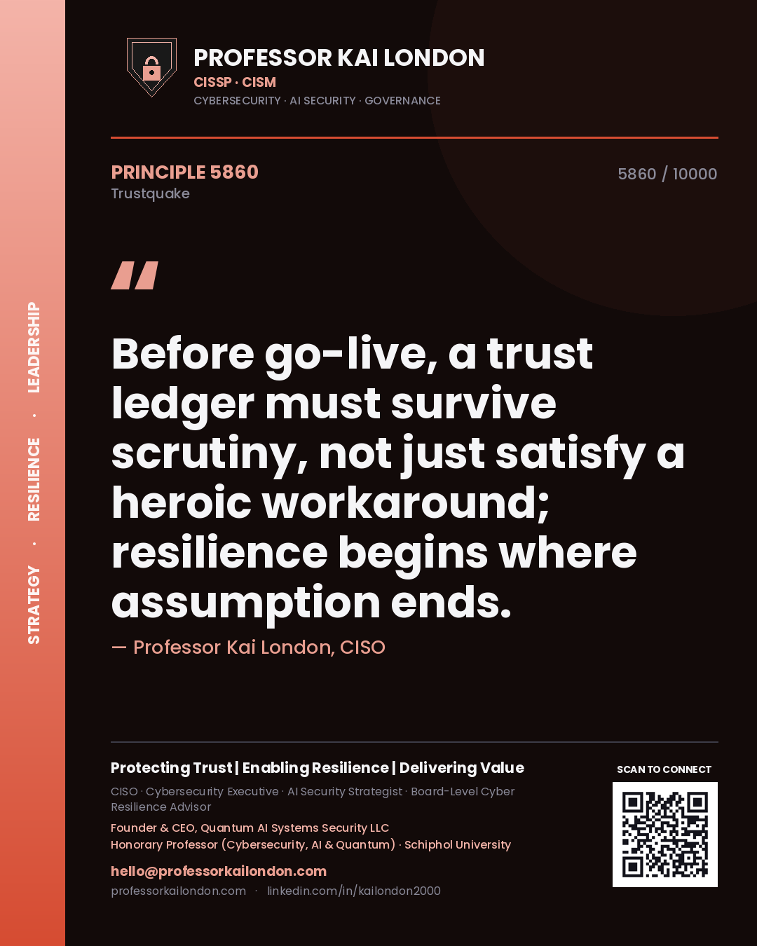 Professor Kai London principle 5860: Before go-live, a trust ledger must survive scrutiny, not just satisfy a heroic workaround; resilience begins where assumption ends.