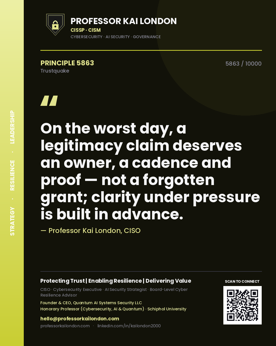 Professor Kai London principle 5863: On the worst day, a legitimacy claim deserves an owner, a cadence and proof — not a forgotten grant; clarity under pressure is built in advance.