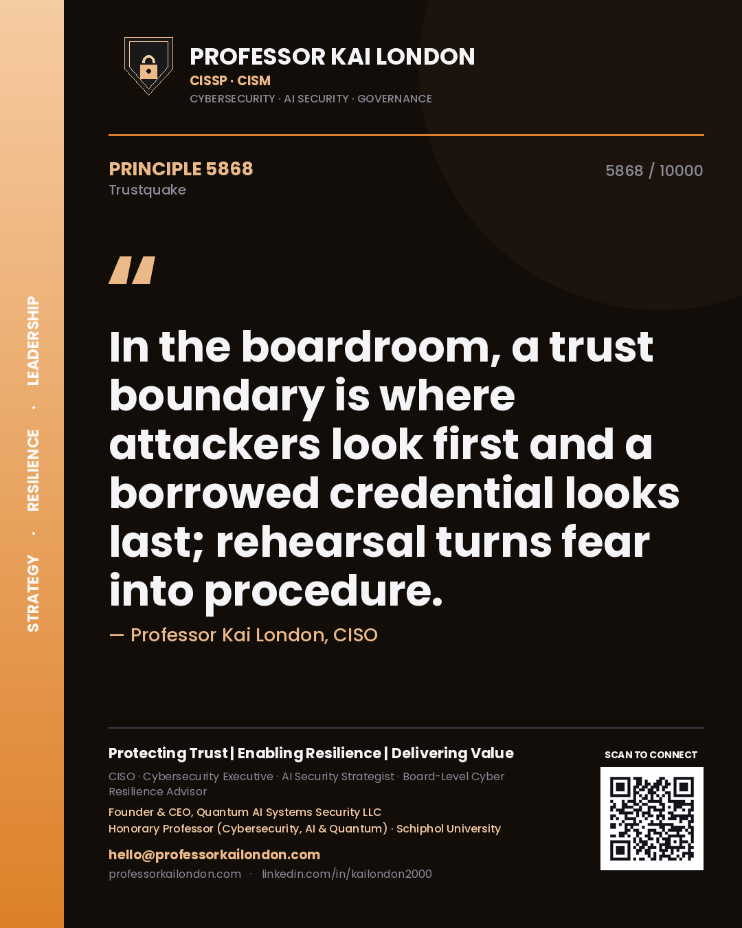 Professor Kai London principle 5868: In the boardroom, a trust boundary is where attackers look first and a borrowed credential looks last; rehearsal turns fear into procedure.