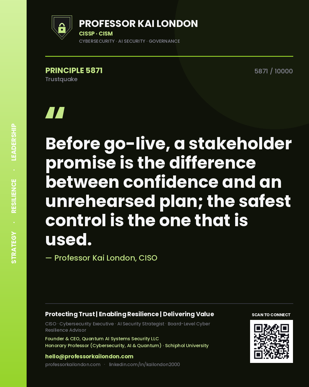 Professor Kai London principle 5871: Before go-live, a stakeholder promise is the difference between confidence and an unrehearsed plan; the safest control is the one that is used.