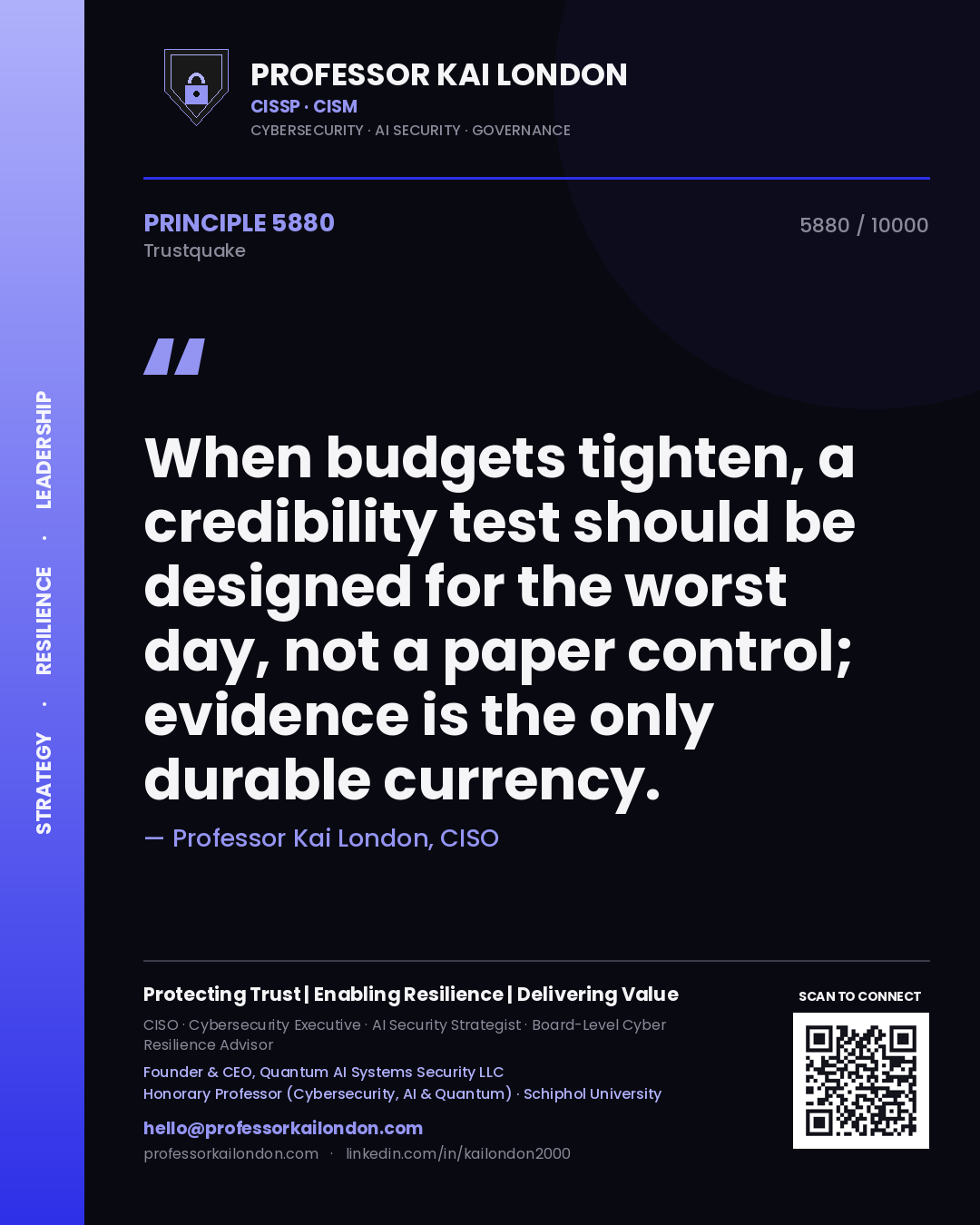 Professor Kai London principle 5880: When budgets tighten, a credibility test should be designed for the worst day, not a paper control; evidence is the only durable currency.