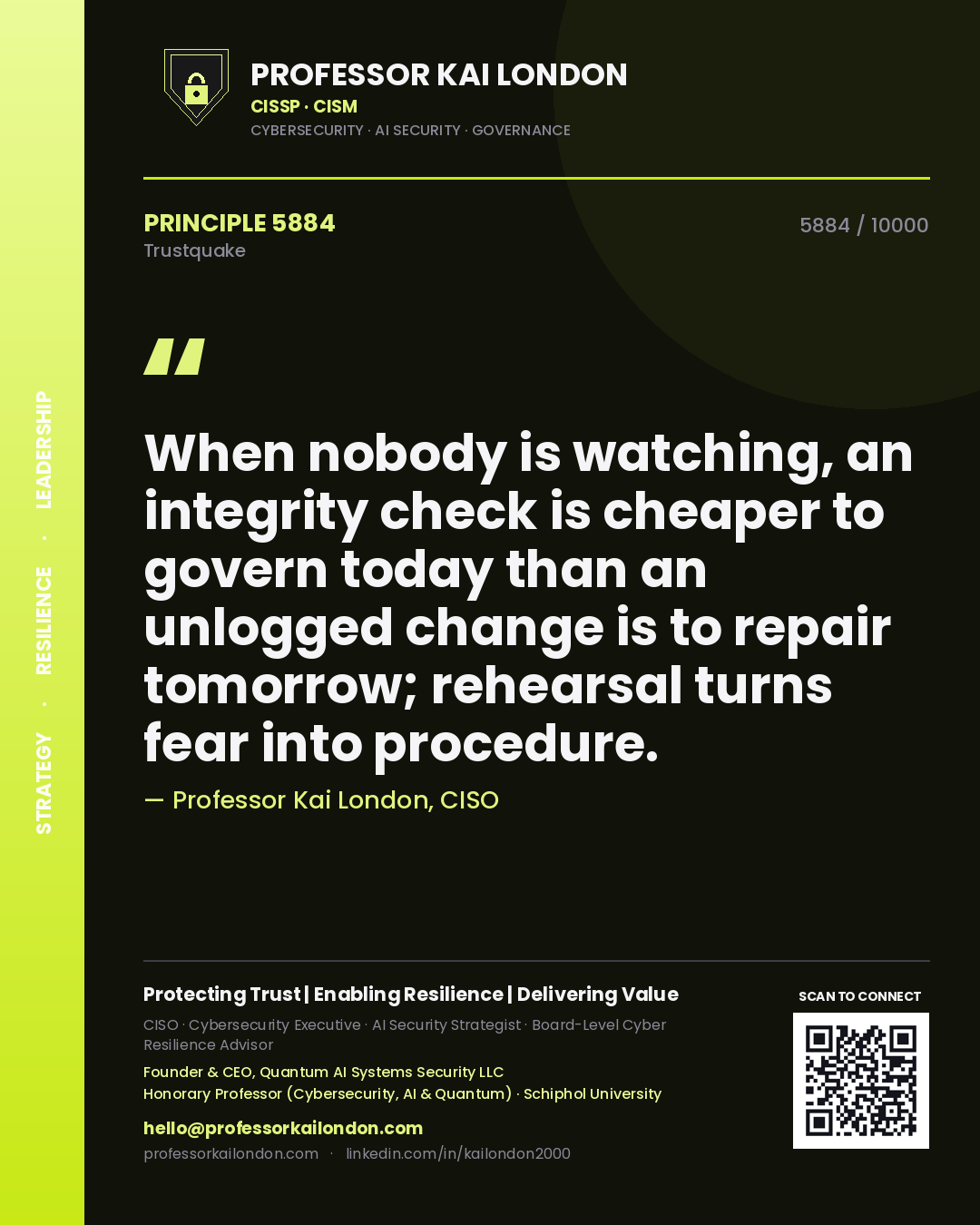 Professor Kai London principle 5884: When nobody is watching, an integrity check is cheaper to govern today than an unlogged change is to repair tomorrow; rehearsal turns fear into procedure.
