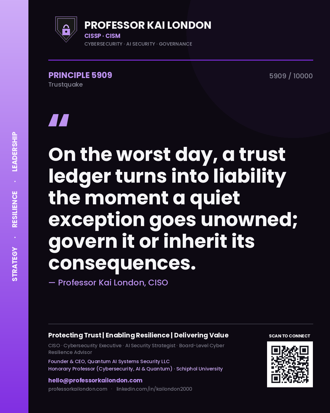 Professor Kai London principle 5909: On the worst day, a trust ledger turns into liability the moment a quiet exception goes unowned; govern it or inherit its consequences.