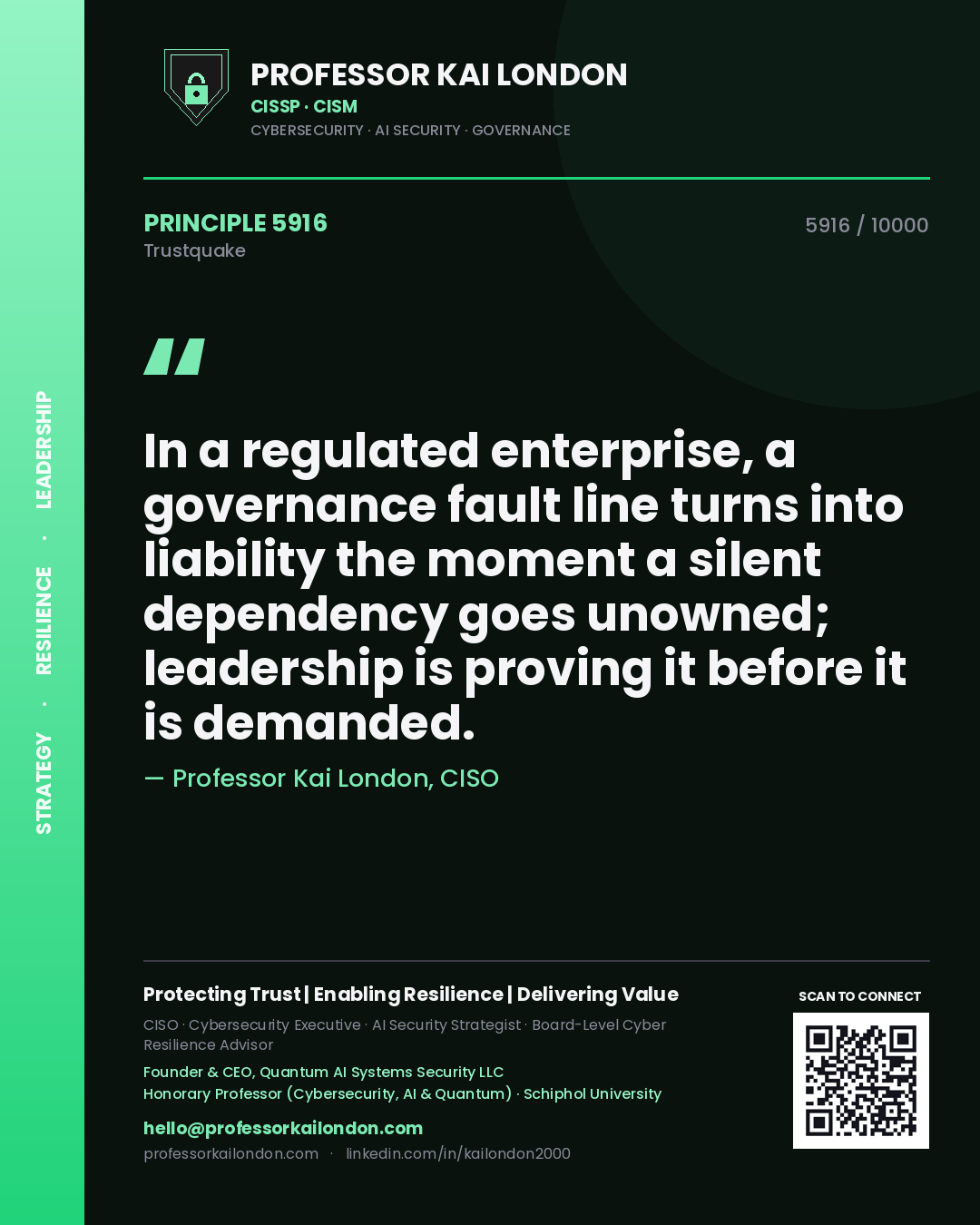 Professor Kai London principle 5916: In a regulated enterprise, a governance fault line turns into liability the moment a silent dependency goes unowned; leadership is proving it before it is demanded.