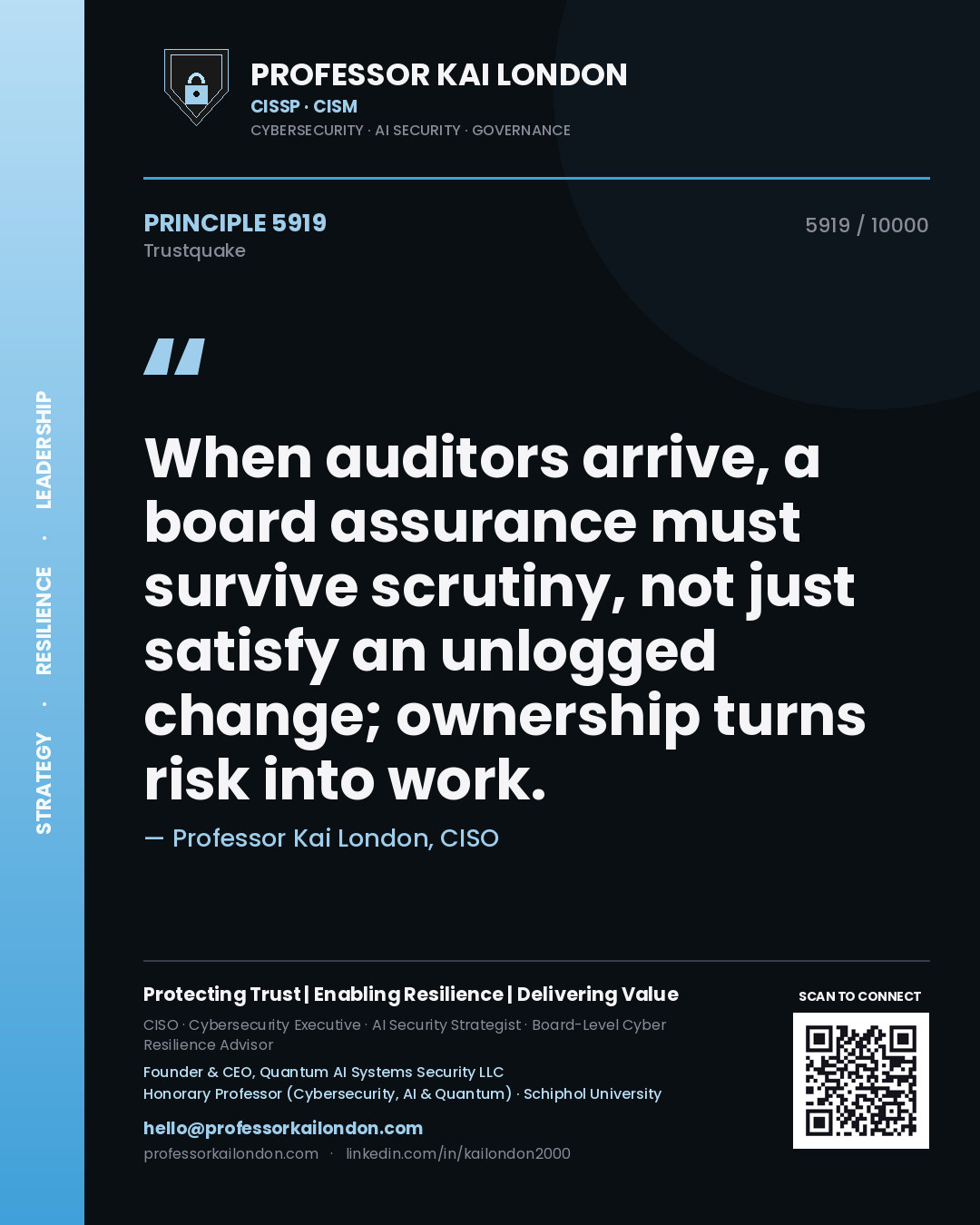 Professor Kai London principle 5919: When auditors arrive, a board assurance must survive scrutiny, not just satisfy an unlogged change; ownership turns risk into work.
