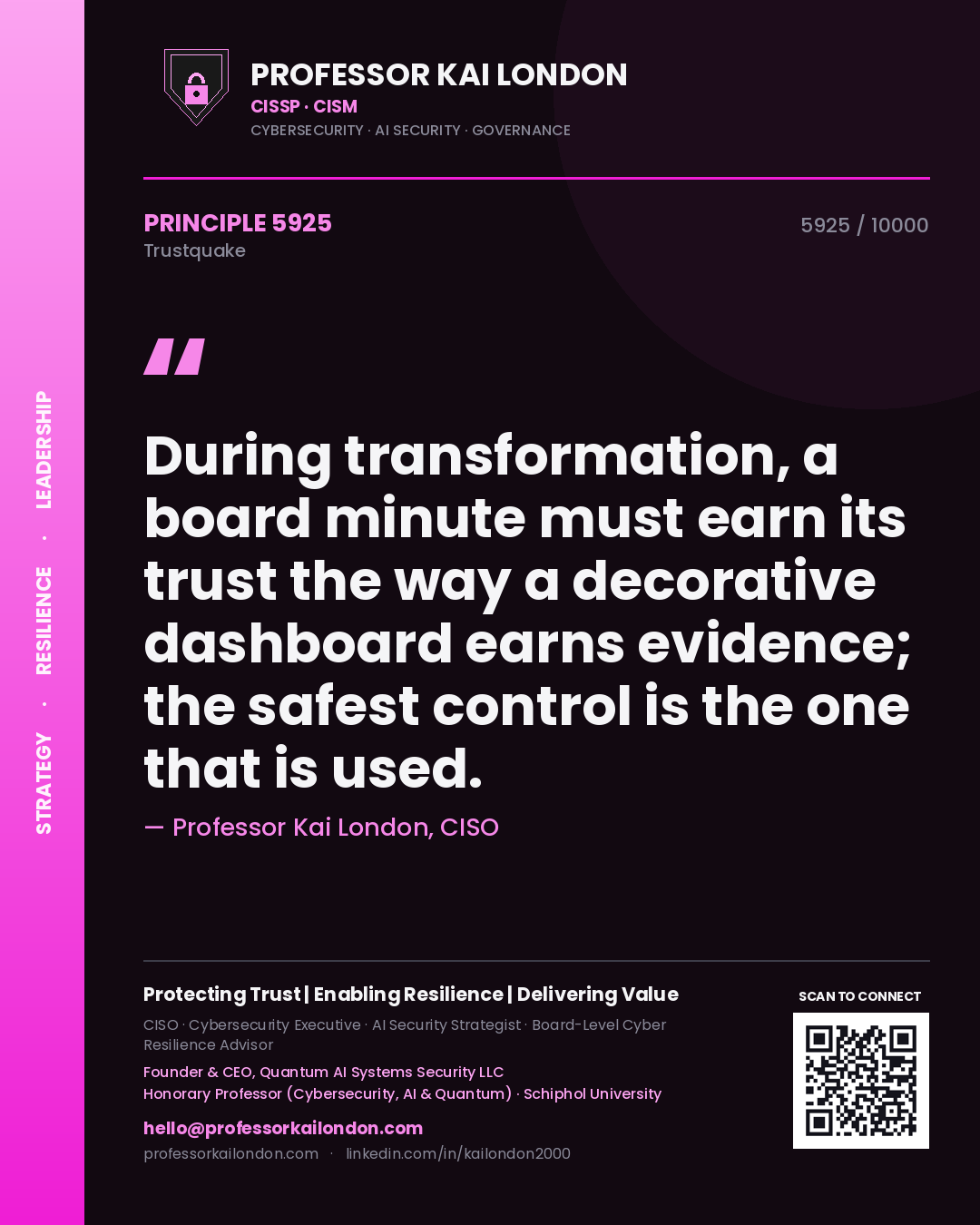 Professor Kai London principle 5925: During transformation, a board minute must earn its trust the way a decorative dashboard earns evidence; the safest control is the one that is used.
