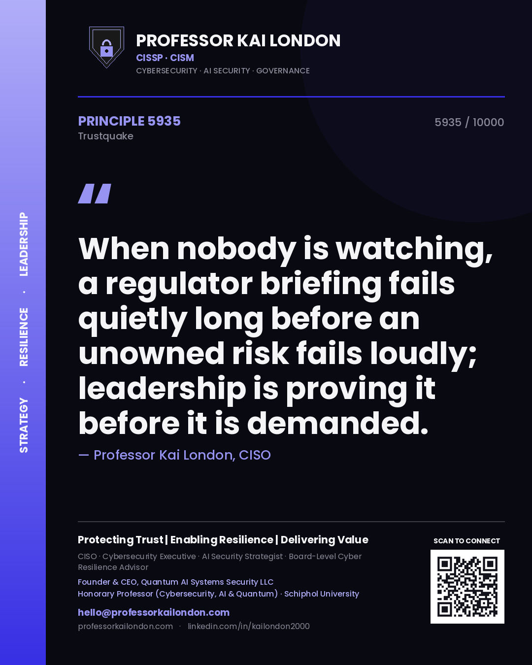 Quote card by Professor Kai London reading 'When nobody is watching, a regulator briefing fails quietly long before an unowned risk fails loudly; leadership is proving it before it is demanded.'. From the book Trustquake.