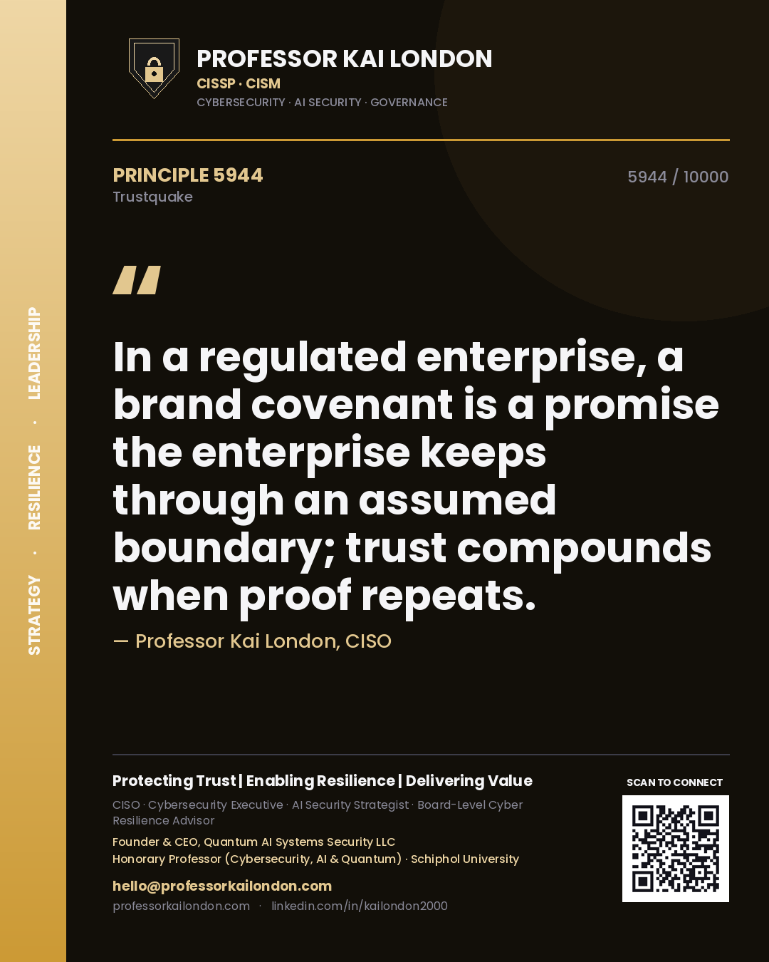 Quote card by Professor Kai London reading 'In a regulated enterprise, a brand covenant is a promise the enterprise keeps through an assumed boundary; trust compounds when proof repeats.'. From the book Trustquake.