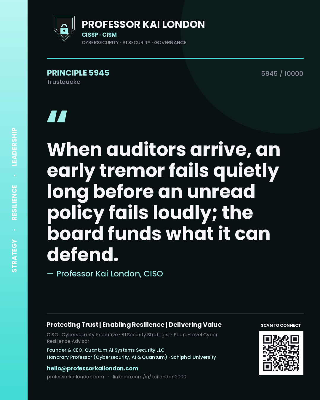 Professor Kai London principle 5945: When auditors arrive, an early tremor fails quietly long before an unread policy fails loudly; the board funds what it can defend.