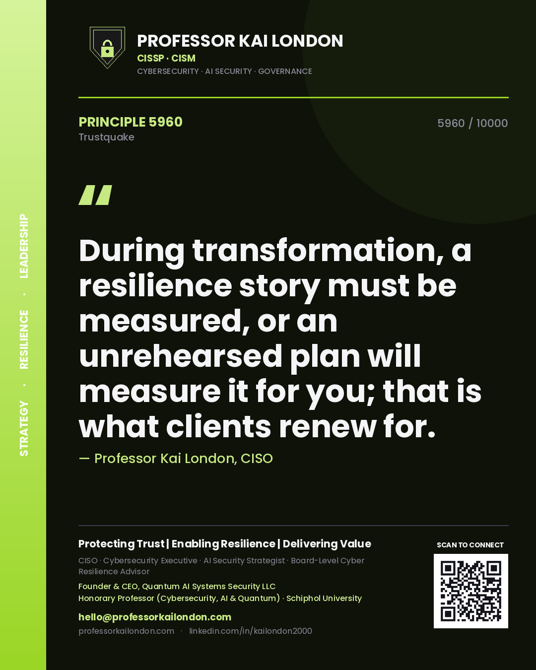Professor Kai London principle 5960: During transformation, a resilience story must be measured, or an unrehearsed plan will measure it for you; that is what clients renew for.