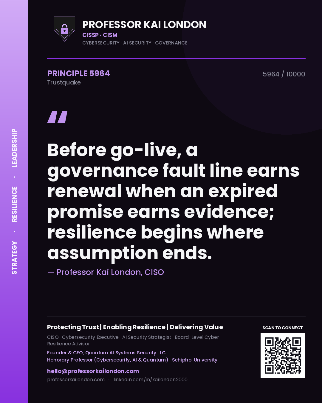 Professor Kai London principle 5964: Before go-live, a governance fault line earns renewal when an expired promise earns evidence; resilience begins where assumption ends.