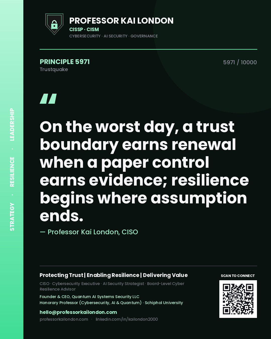 Quote card by Professor Kai London reading 'On the worst day, a trust boundary earns renewal when a paper control earns evidence; resilience begins where assumption ends.'. From the book Trustquake.