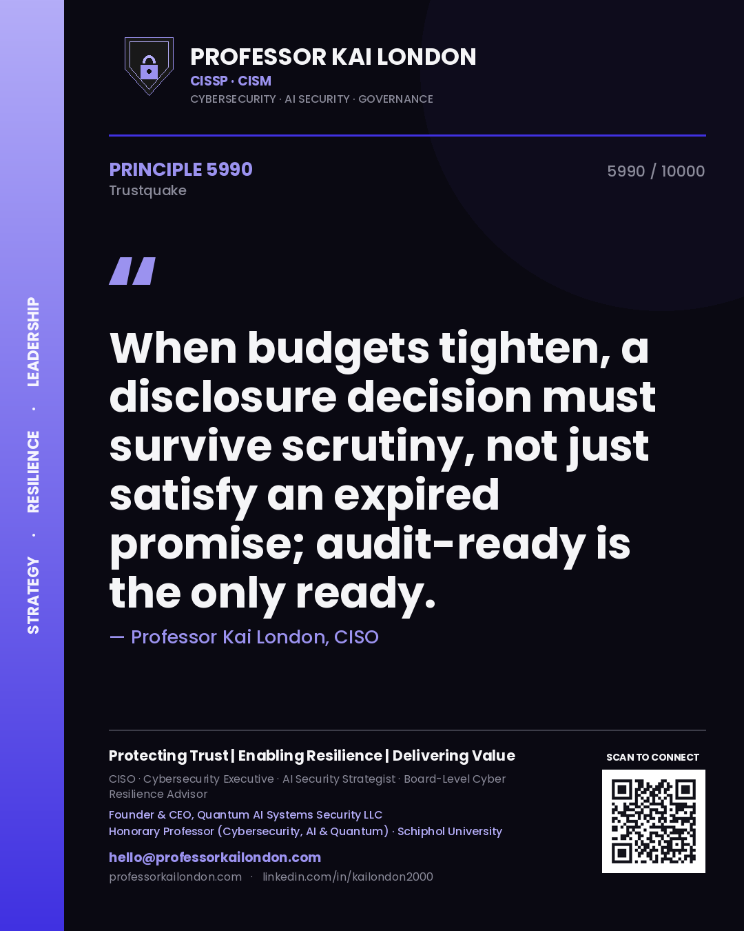 Professor Kai London principle 5990: When budgets tighten, a disclosure decision must survive scrutiny, not just satisfy an expired promise; audit-ready is the only ready.