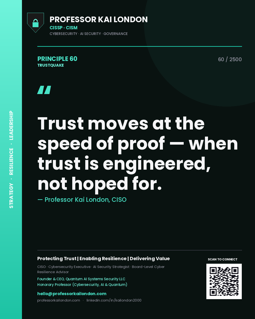 Quote card by Professor Kai London reading 'Trust moves at the speed of proof — when trust is engineered, not hoped for.'. From the book Trustquake.