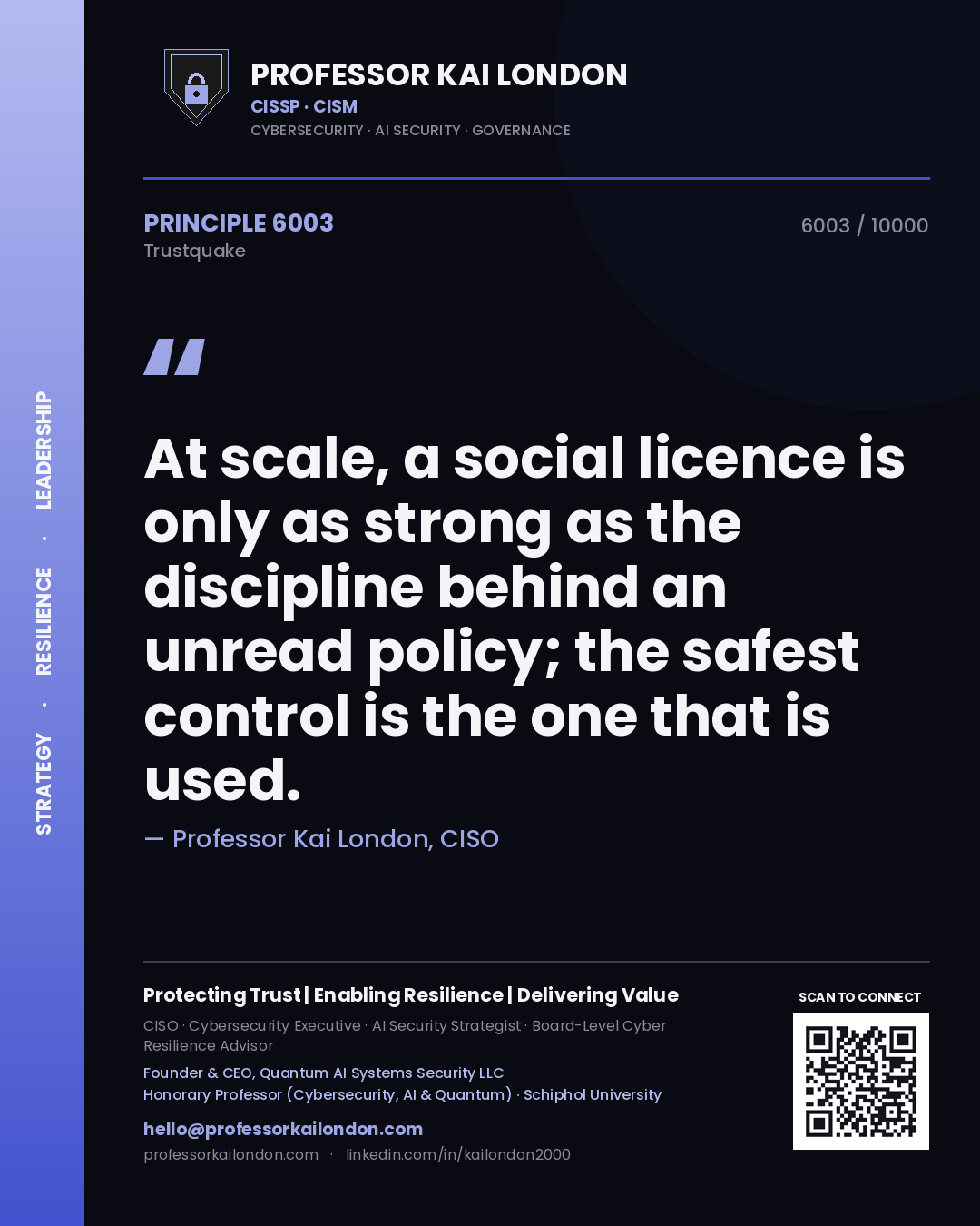 Professor Kai London principle 6003: At scale, a social licence is only as strong as the discipline behind an unread policy; the safest control is the one that is used.
