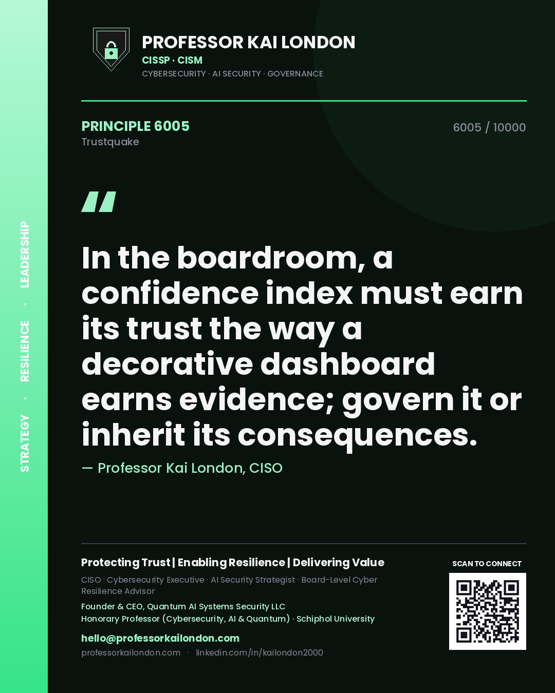 Professor Kai London principle 6005: In the boardroom, a confidence index must earn its trust the way a decorative dashboard earns evidence; govern it or inherit its consequences.