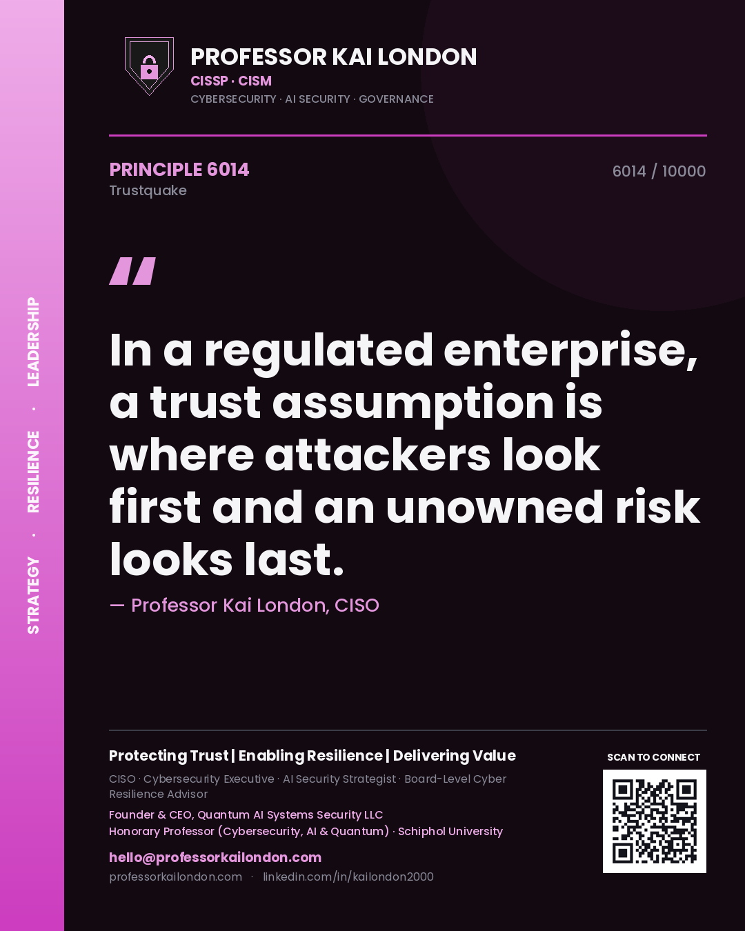 Professor Kai London principle 6014: In a regulated enterprise, a trust assumption is where attackers look first and an unowned risk looks last.