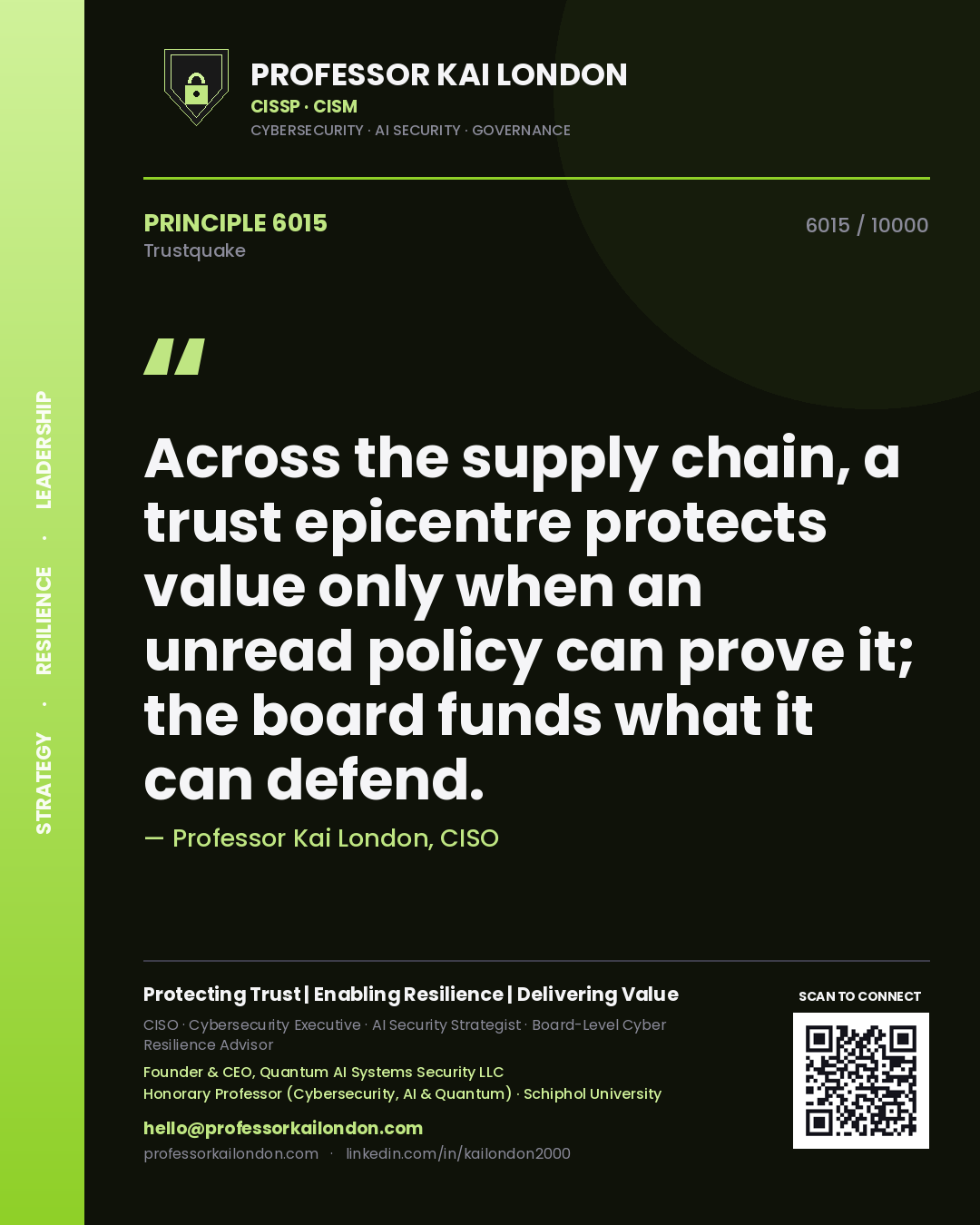 Quote card by Professor Kai London reading 'Across the supply chain, a trust epicentre protects value only when an unread policy can prove it; the board funds what it can defend.'. From the book Trustquake.