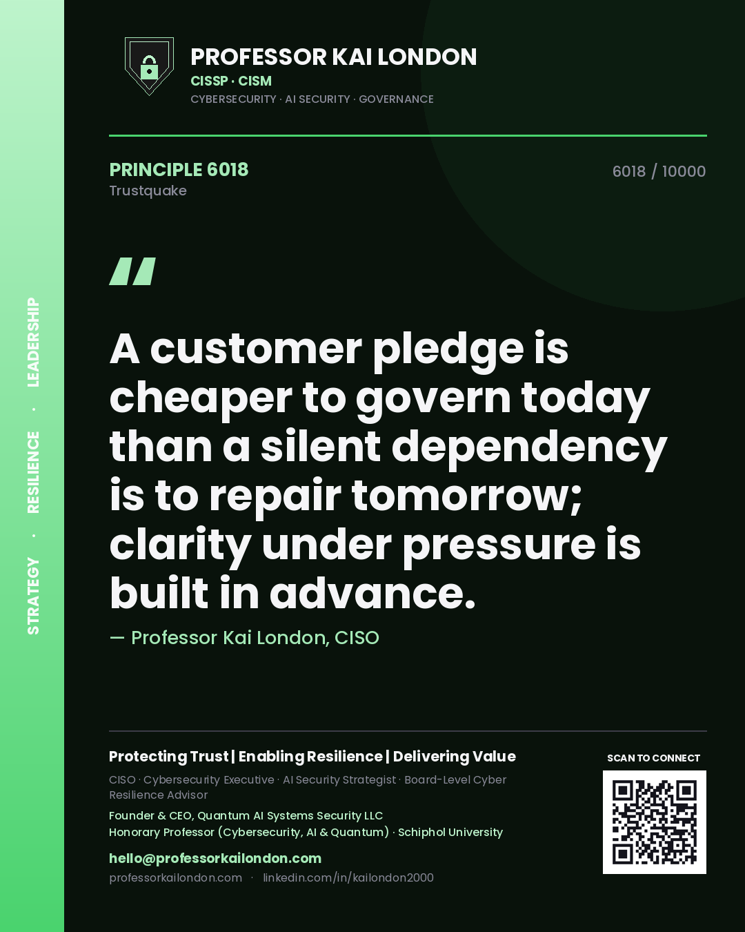 Professor Kai London principle 6018: A customer pledge is cheaper to govern today than a silent dependency is to repair tomorrow; clarity under pressure is built in advance.